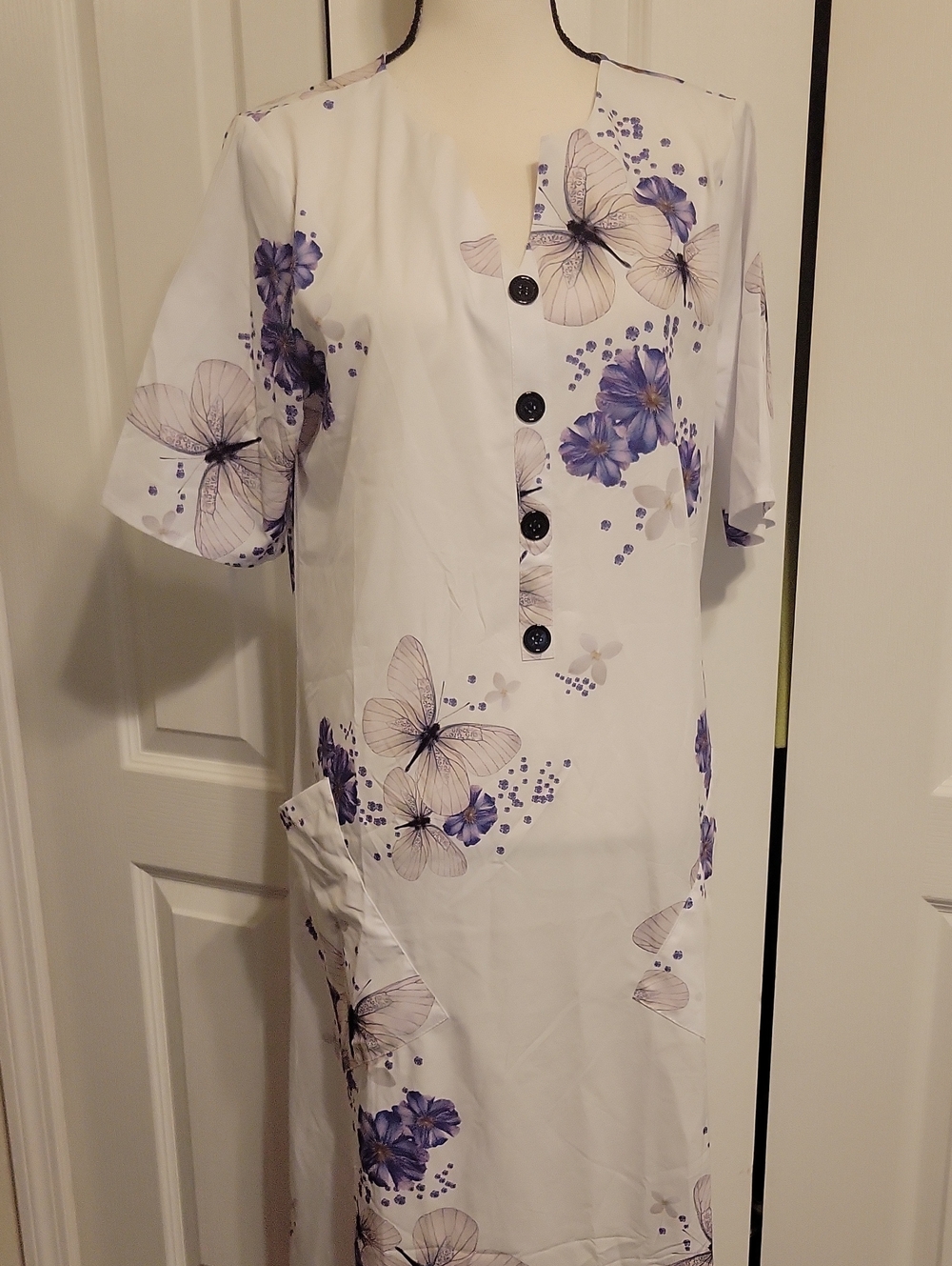Women’s White Floral House Dress with Purple Accents